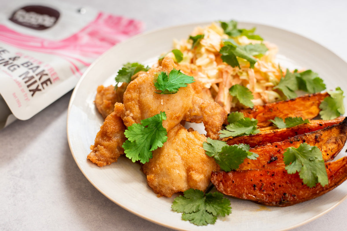 Shake & Bake Chicken Thighs with Cajun Kumara Wedges & Slaw – Fogdog Ltd