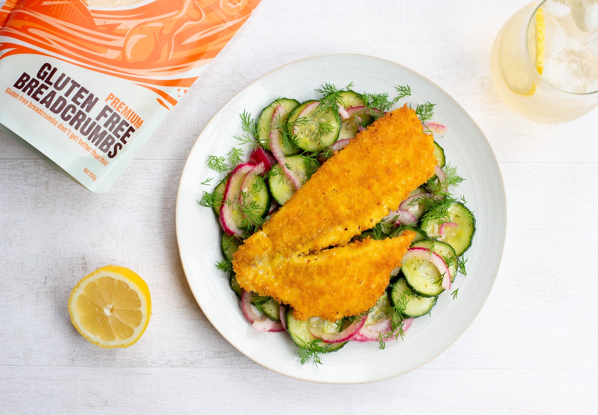 Pickled Cucumber Salad with GF Crumbed Fish – Fogdog Ltd